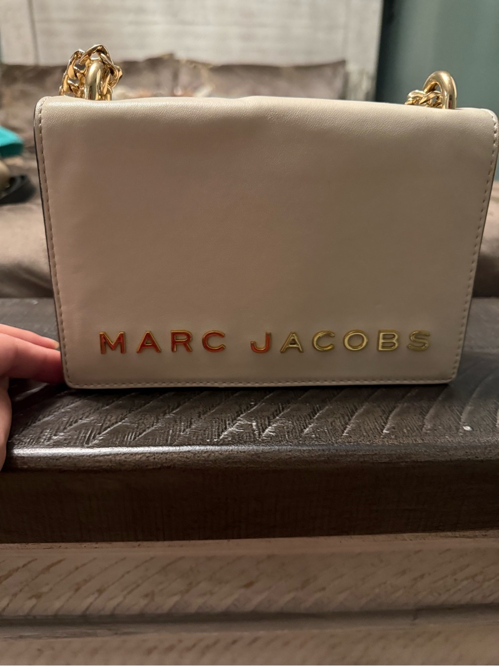 Marc Jacobs Cream Leather Crossbody with Gold Chain and Logo